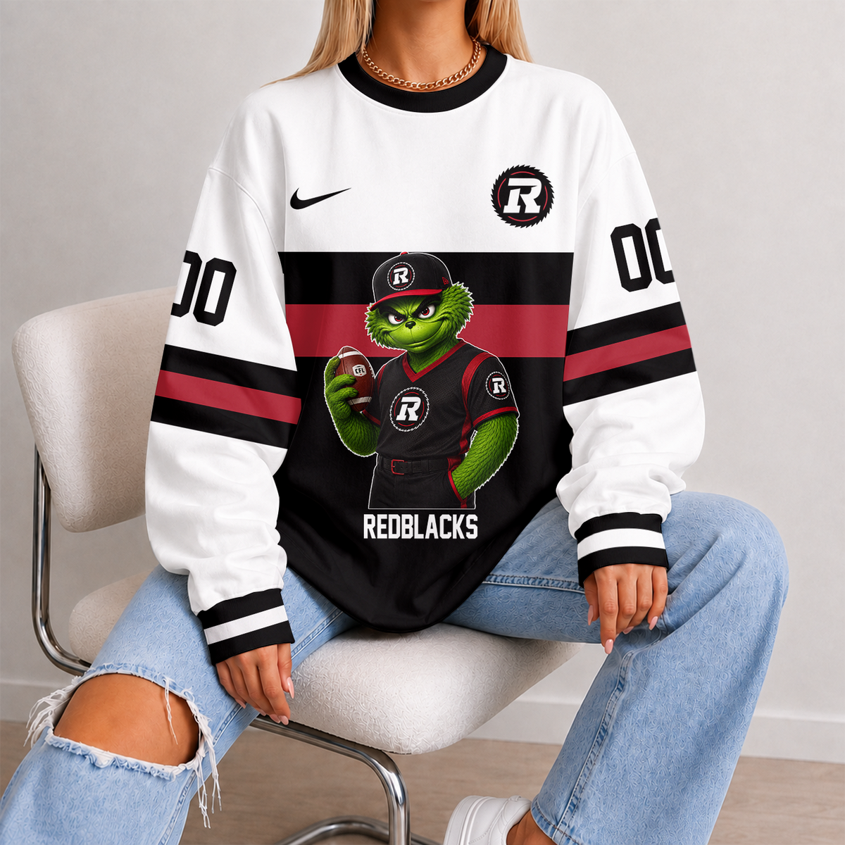 [FAN EXCLUSIVE] NEW CUSTOMIZED CFL02 OTT OTTAWA REDBLACKS STRAPPY UNISEX SWEATSHIRT