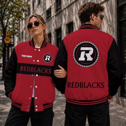 [FAN EXCLUSIVE] NEW CUSTOMIZED CFL02 OTT OTTAWA REDBLACKS STRAPPY BASEBALL JACKET, SATIN VARSITY JACKET