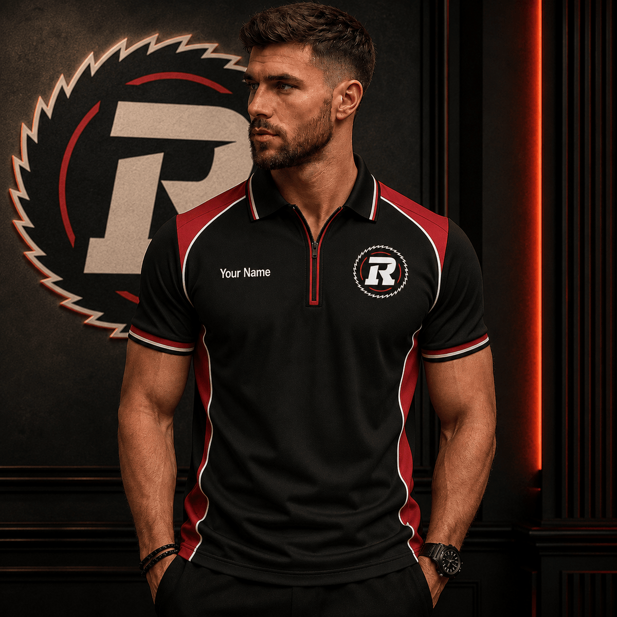 [SPECIAL OFFER] NEW CUSTOMIZED CFL02 OTT OTTAWA REDBLACKS ZIP POLO SHIRT