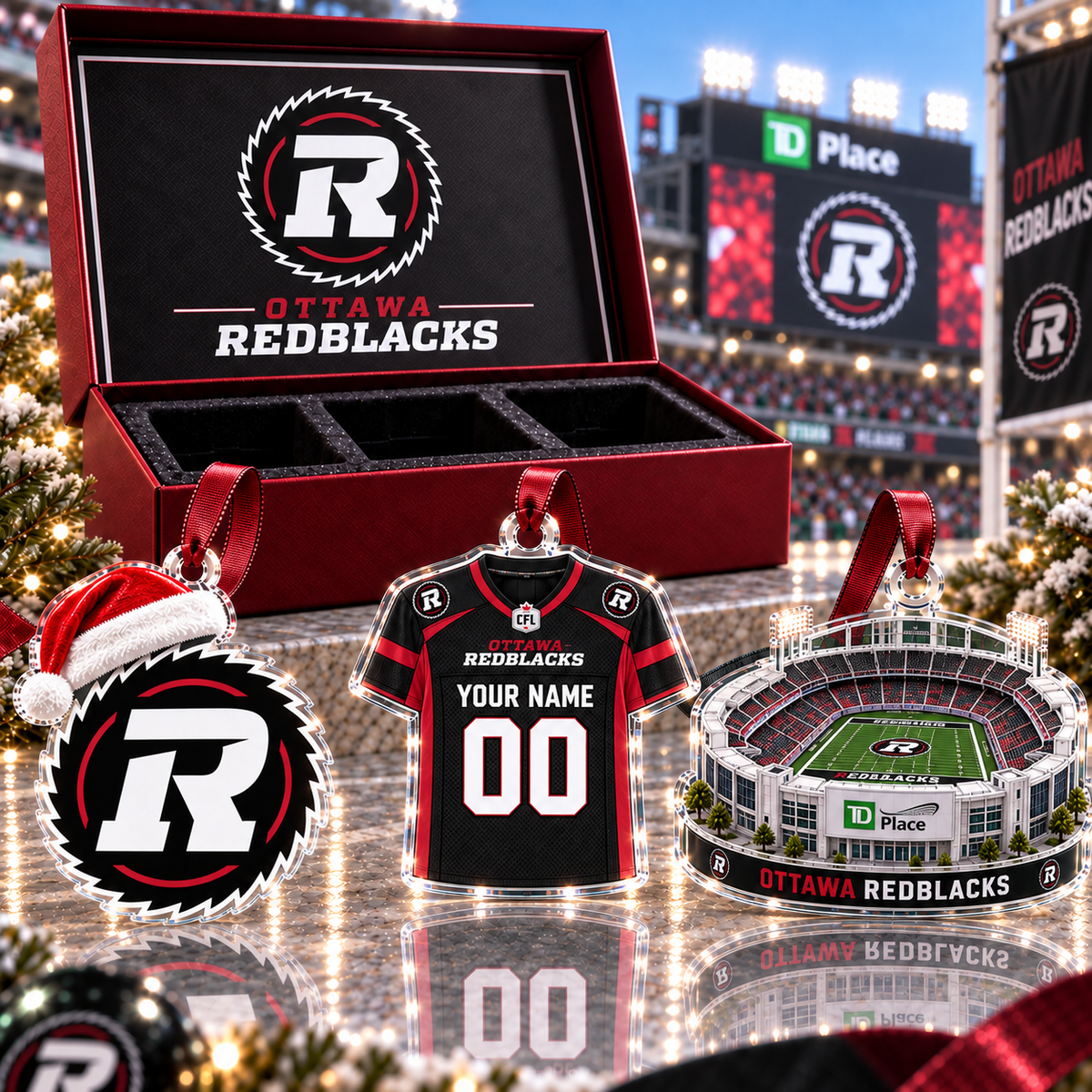 [FULL SET 3 ITEMS - NO BOX] NEW CUSTOMIZED CFL02 OTT OTTAWA REDBLACKS CHRISTMAS ACRYLIC ORNAMENT