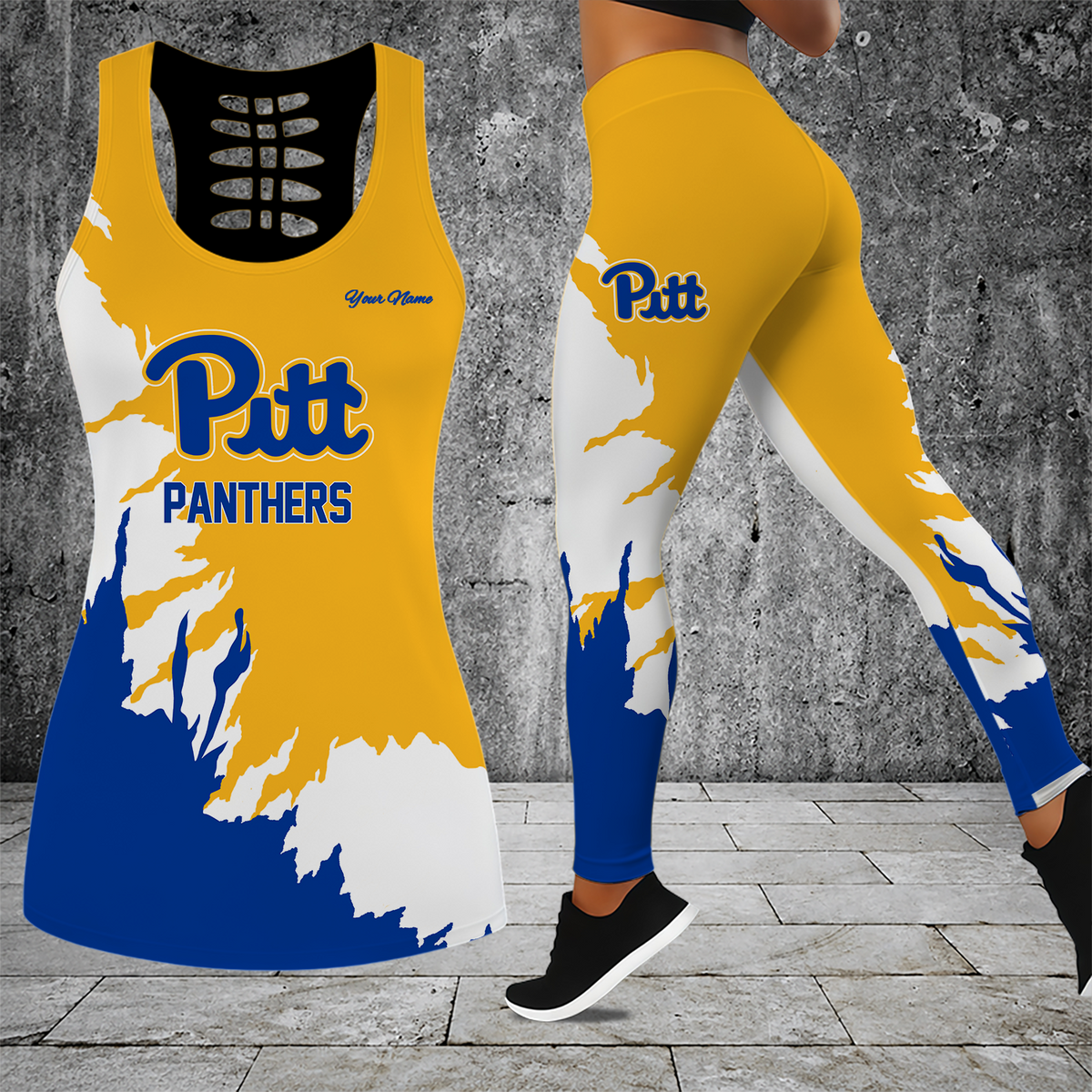 [FAN FAVORITE] NEW CUSTOMIZED NCAA FBS02 PIP PITTSBURGH PANTHERS HOLLOW TANK TOP & LEGGINGS SET
