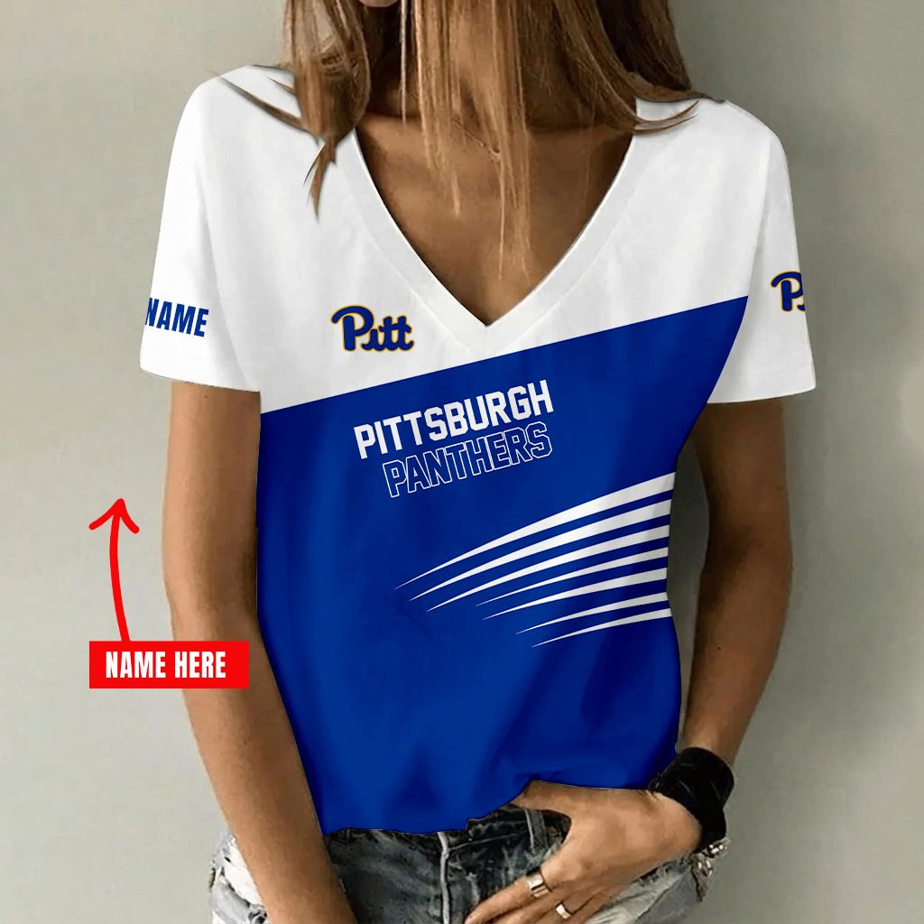 [FAN FAVORITE] NEW CUSTOMIZED NCAA FBS02 PIP PITTSBURGH PANTHERS V-NECK FEMALE SHIRT