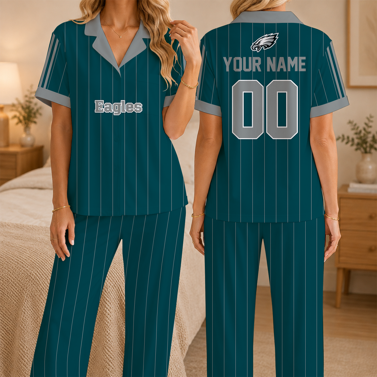 [SPECIAL OFFER] NEW CUSTOMIZED NFL02 PPE PHILADELPHIA EAGLES SHORT SLEEVE & LONG PANTS PAJAMAS SET