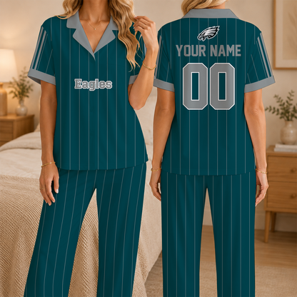 [SPECIAL OFFER] NEW CUSTOMIZED NFL02 PPE PHILADELPHIA EAGLES SHORT SLEEVE & LONG PANTS PAJAMAS SET