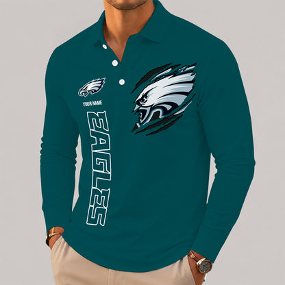 [SPECIAL OFFER] NEW CUSTOMIZED NFL02 PPE PHILADELPHIA EAGLES LONG SLEEVE POLO SHIRT