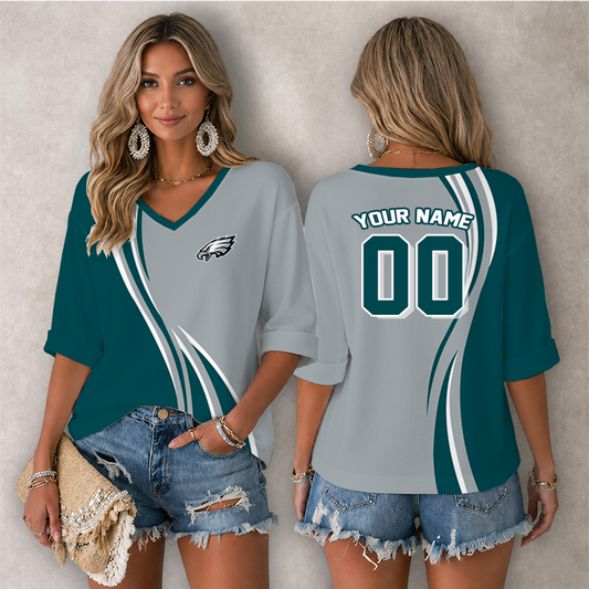 [SPECIAL OFFER] NEW CUSTOMIZED NFL02 PPE PHILADELPHIA EAGLES WOMEN'S HEART V-NECK LONG SLEEVE SHIRT