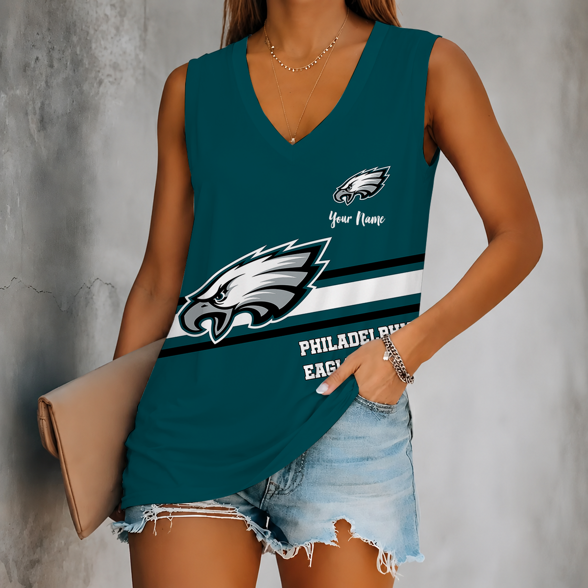 [SPECIAL OFFER] NEW CUSTOMIZED NFL02 PPE PHILADELPHIA EAGLES WOMEN'S V-NECK TANK TOP