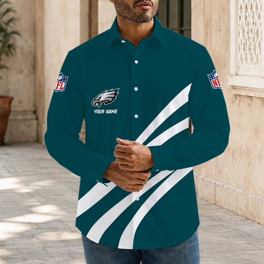 [SPECIAL OFFER] NEW CUSTOMIZED NFL02 PPE PHILADELPHIA EAGLES MEN'S LONG SLEEVE BUTTON-UP SHIRT