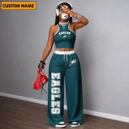 [SPECIAL OFFER] NEW CUSTOMIZED NFL02 PPE PHILADELPHIA EAGLES WOMEN'S CROP TOP & LONGPANTS SET