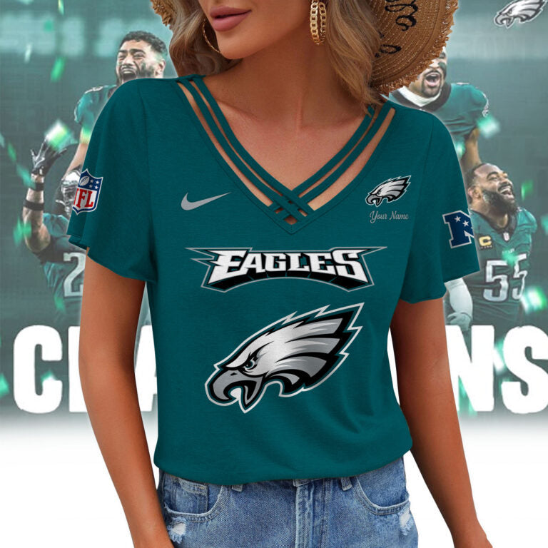[SPECIAL OFFER] NEW CUSTOMIZED NFL02 PPE PHILADELPHIA EAGLES V-NECK SHIRT
