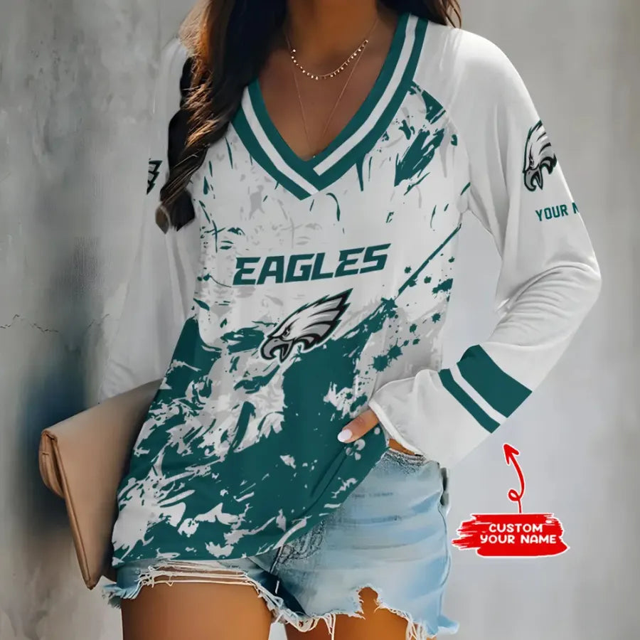[HOT DEAL] NEW CUSTOMIZED NFL02 PPE PHILADELPHIA EAGLES WOMEN'S V-NECK LONG SLEEVED SHIRT