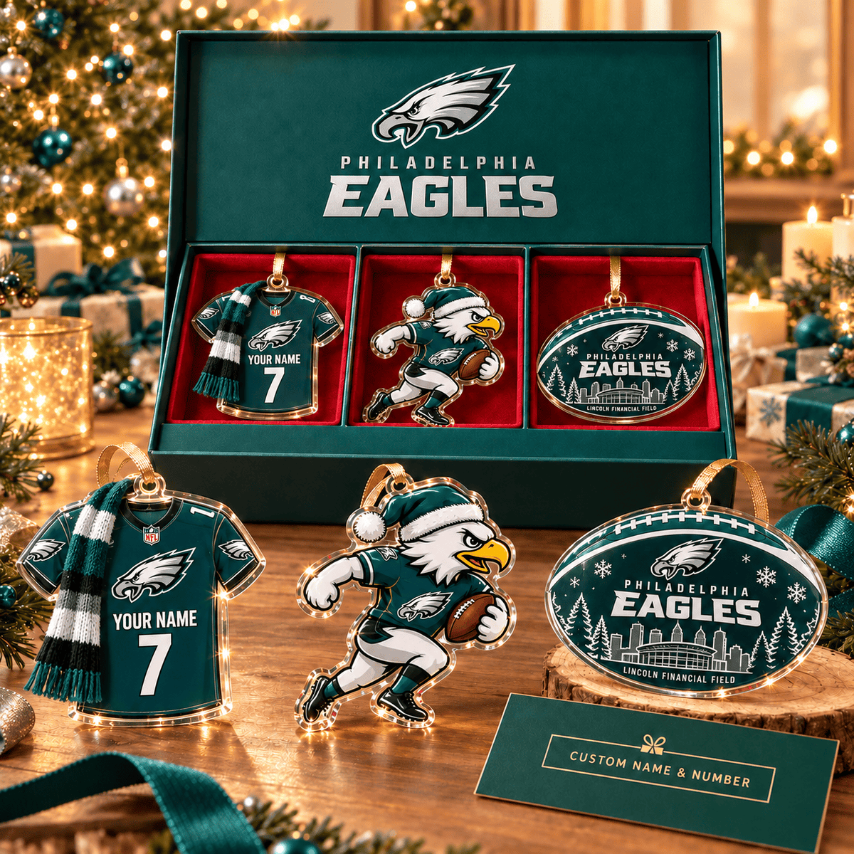 [FULL SET 3 ITEMS - NO BOX] NEW CUSTOMIZED NFL02 PPE PHILADELPHIA EAGLES CHRISTMAS ACRYLIC ORNAMENT