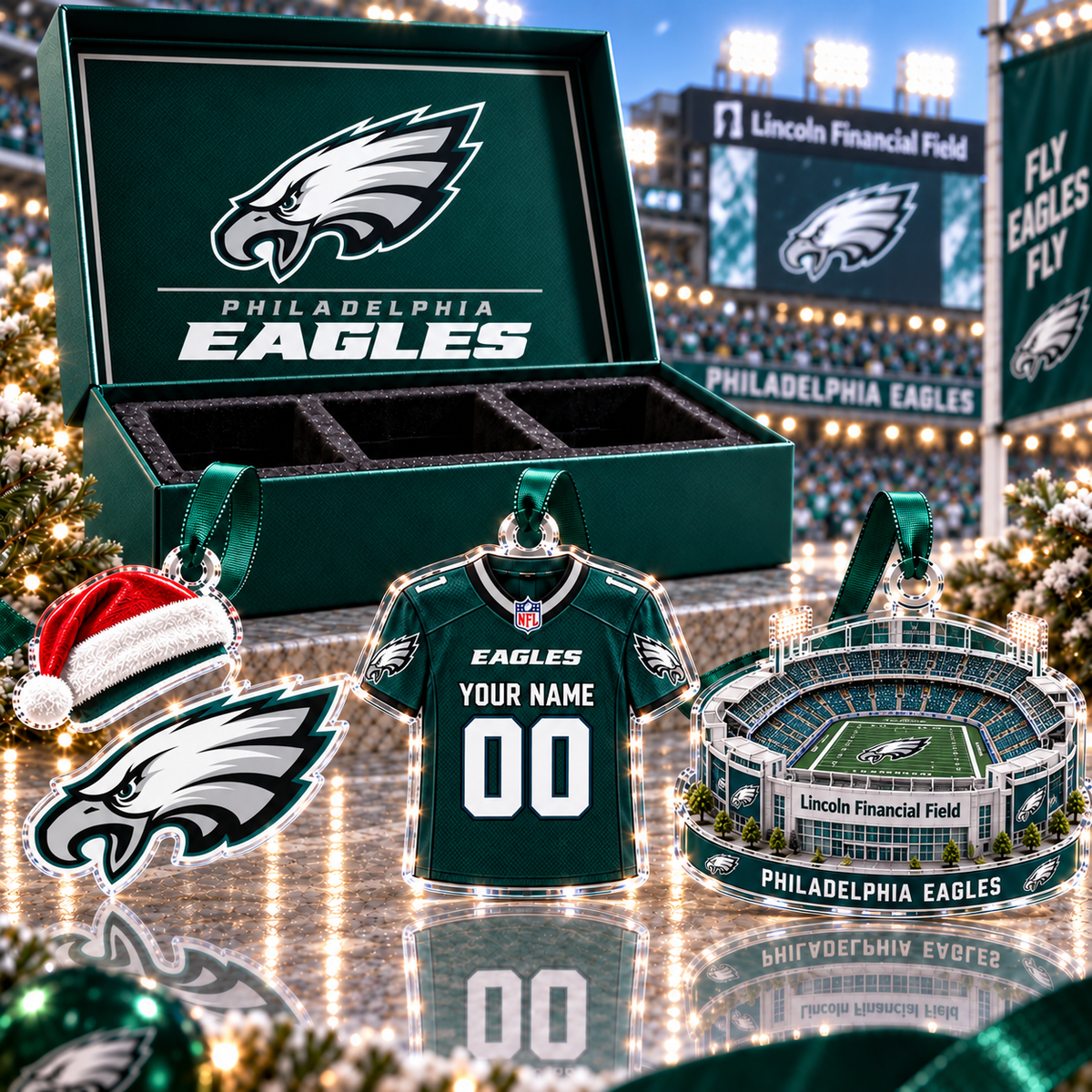[FULL SET 3 ITEMS - NO BOX] NEW CUSTOMIZED NFL02 PPE PHILADELPHIA EAGLES CHRISTMAS ACRYLIC ORNAMENT