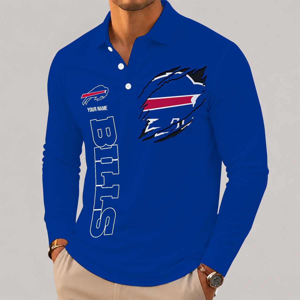 [SPECIAL OFFER] NEW CUSTOMIZED NFL03 BFB BUFFALO BILLS LONG SLEEVE POLO SHIRT