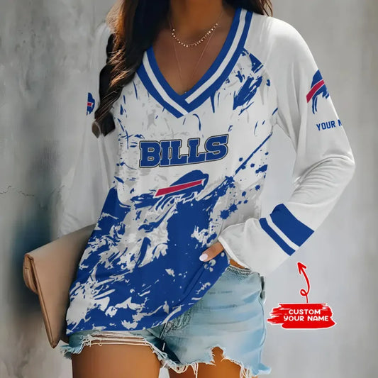[HOT DEAL] NEW CUSTOMIZED NFL03 BFB BUFFALO BILLS WOMEN'S V-NECK LONG SLEEVED SHIRT