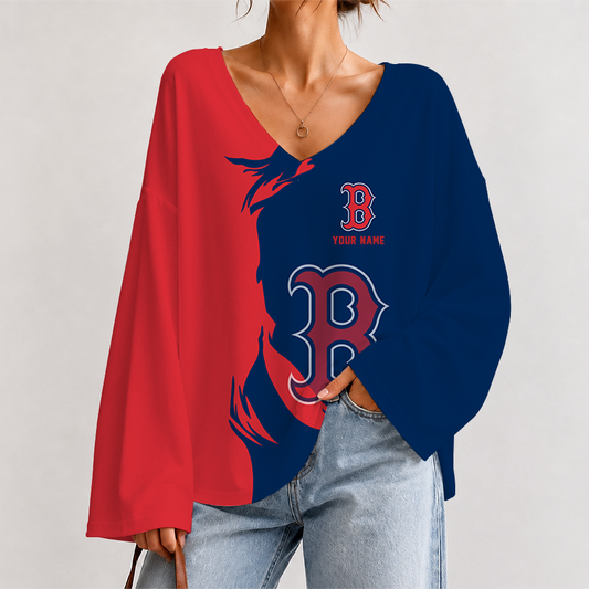 [FLASH SALE] NEW CUSTOMIZED MLB03 BRS BOSTON KHAKI SOX V-NECK LONG SLEEVED CROP TOP