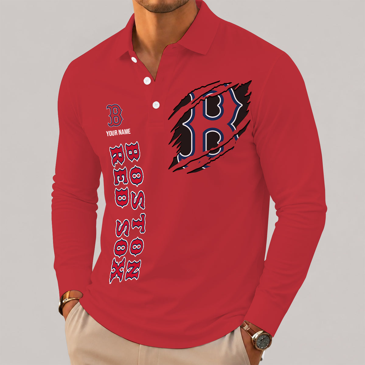 [FLASH SALE] NEW CUSTOMIZED MLB03 BRS BOSTON RED SOX MEN'S LONG SLEEVE POLO