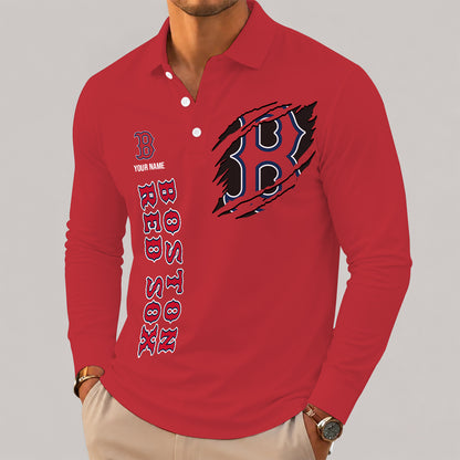 [FLASH SALE] NEW CUSTOMIZED MLB03 BRS BOSTON RED SOX MEN'S LONG SLEEVE POLO