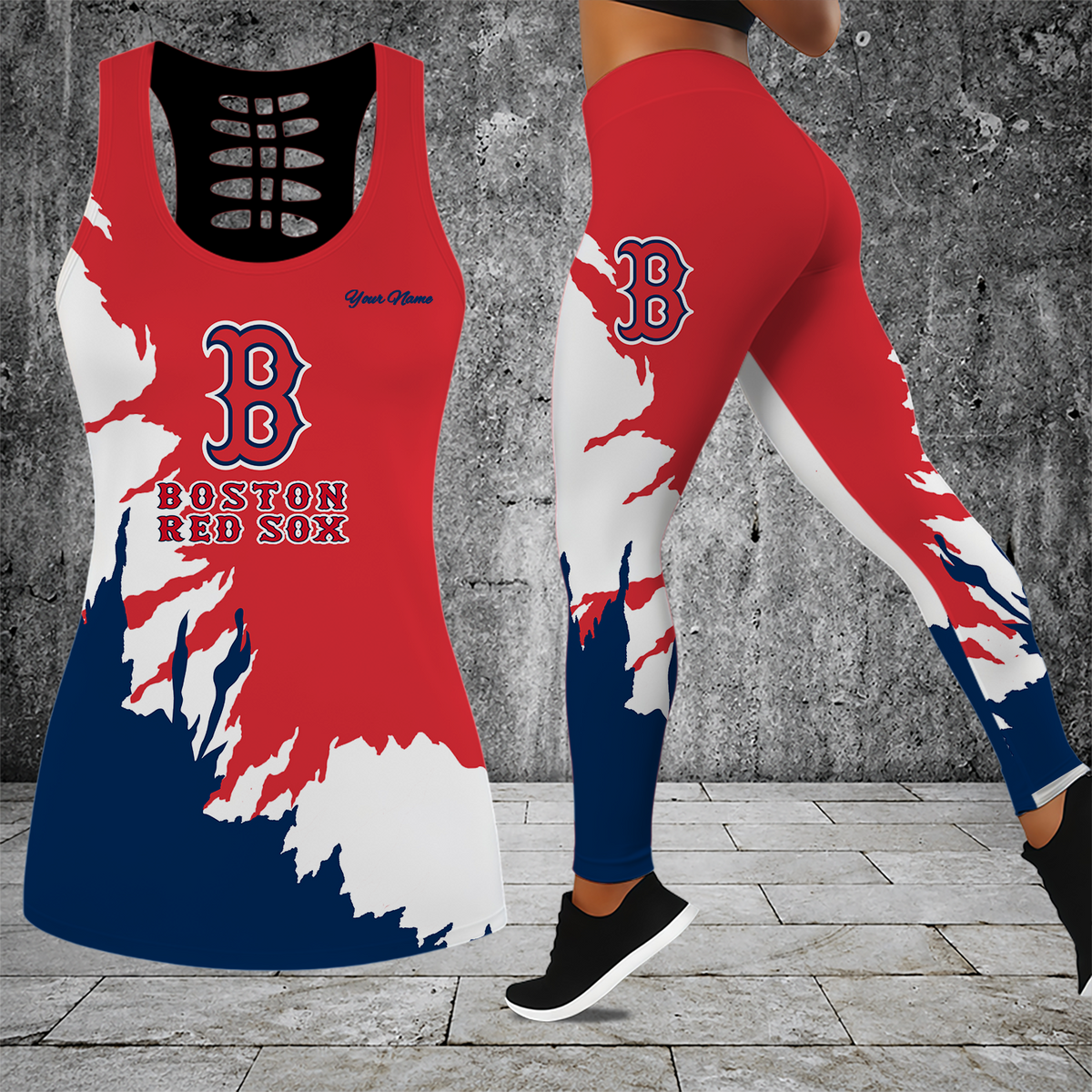 [FLASH SALE] NEW CUSTOMIZED MLB03 BRS BOSTON RED SOX HOLLOW TANK TOP & LEGGINGS SET