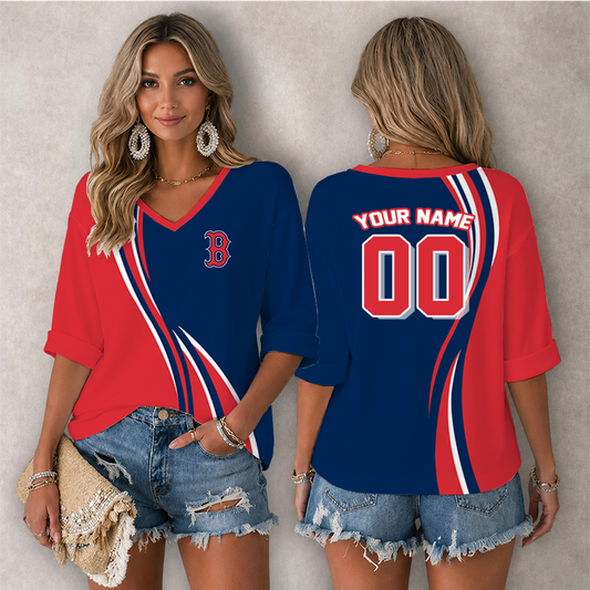 [FLASH SALE] NEW CUSTOMIZED MLB03 BRS BOSTON RED SOX WOMEN'S HEART V-NECK LONG SLEEVE SHIRT