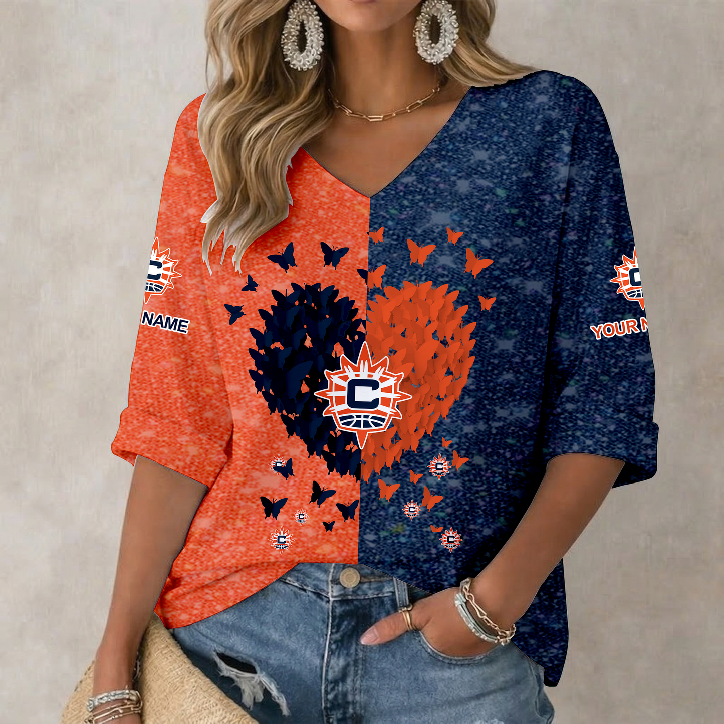LIMITED EDITION - NEW CUSTOMIZED WNBA03 CTS CT SUN WOMEN'S HEART V-NECK LONG SLEEVE SHIRT