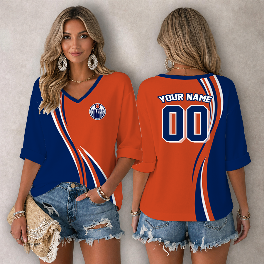 [SUPER SALE] NEW CUSTOMIZED NHL03 EMO EDMONTON OILERS WOMEN'S HEART V-NECK LONG SLEEVE SHIRT