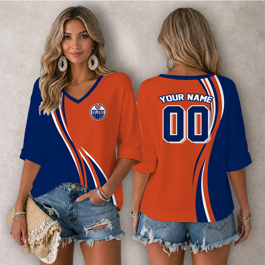 [SUPER SALE] NEW CUSTOMIZED NHL03 EMO EDMONTON OILERS WOMEN'S HEART V-NECK LONG SLEEVE SHIRT