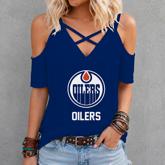 [SUPER SALE] NEW CUSTOMIZED NHL03 EMO EDMONTON OILERS CRISS CROSS V-NECK TOP