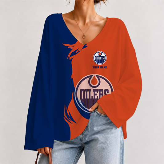 [SUPER SALE] NEW CUSTOMIZED NHL03 EMO EDMONTON OILERS V-NECK LONG SLEEVED CROP TOP