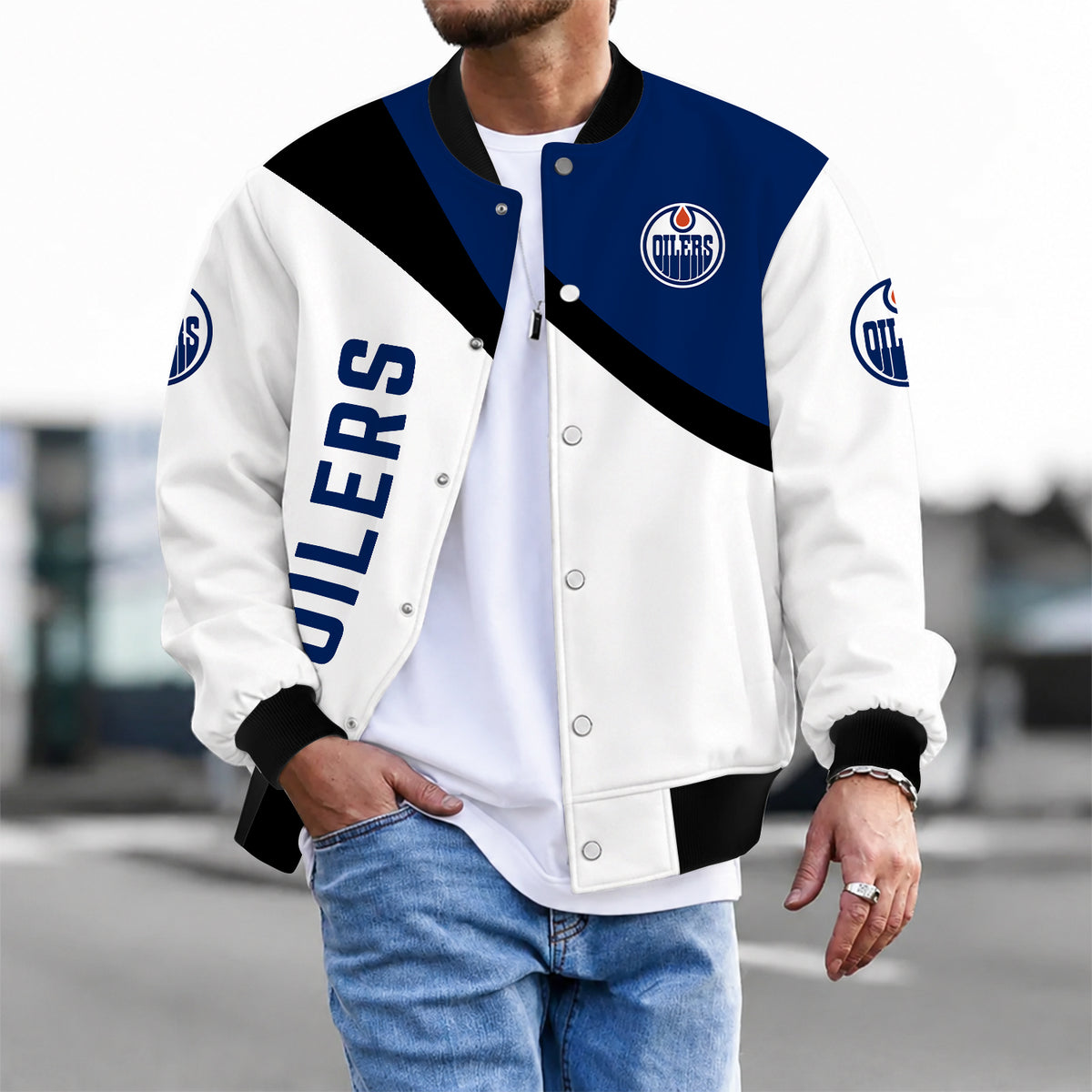 [SUPER SALE] NEW CUSTOMIZED NHL03 EMO EDMONTON OILERS SATIN VARSITY JACKET & BASEBALL JACKET