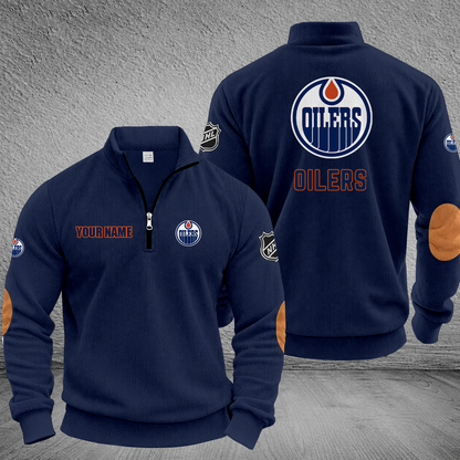 [SUPER SALE] NEW CUSTOMIZED NHL03 EMO EDMONTON OILERS MULTICOLOR STRIPED QUATER ZIP SWEATSHIRT
