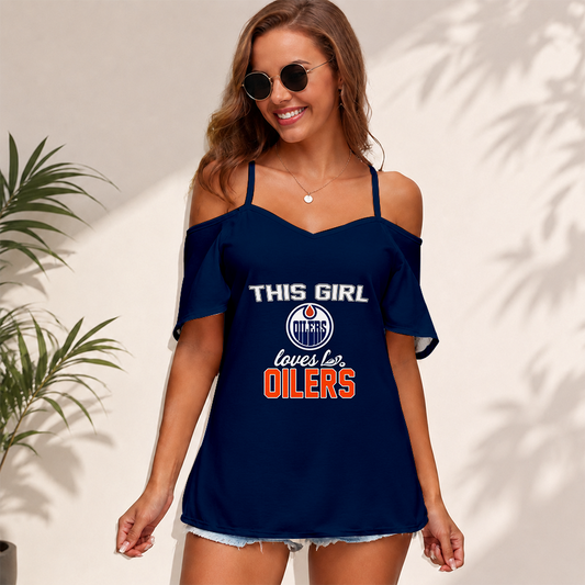 [SUPER SALE] NEW CUSTOMIZED NHL03 EMO EDMONTON OILERS WOMEN'S STRAPPY OFF-SHOULDER TOP
