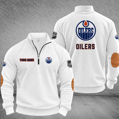 [SUPER SALE] NEW CUSTOMIZED NHL03 EMO EDMONTON OILERS MULTICOLOR STRIPED QUATER ZIP SWEATSHIRT
