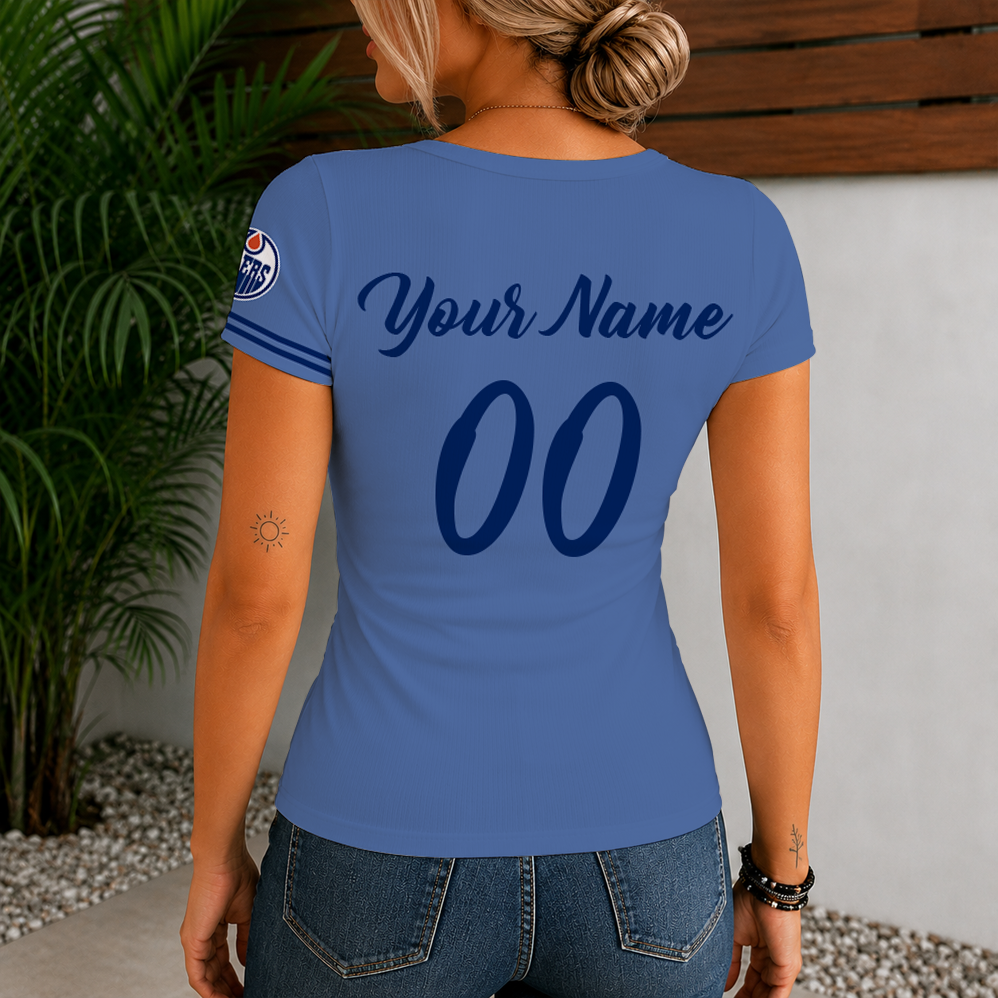 [SUPER SALE] NEW CUSTOMIZED NHL03 EMO EDMONTON OILERS WOMEN'S SHORT SLEEVE HENLEY T-SHIRT