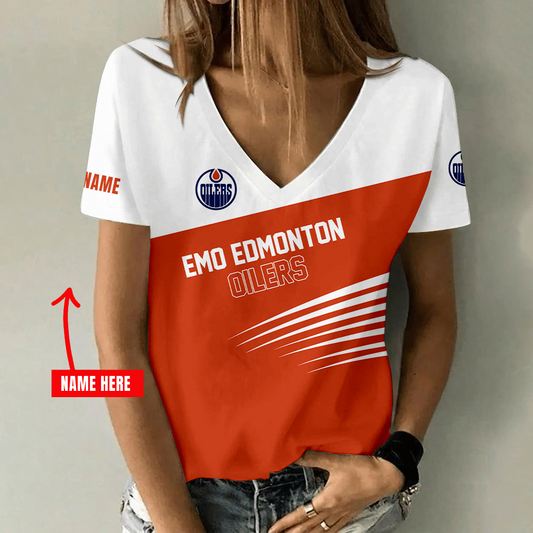 [SUPER SALE] NEW CUSTOMIZED NHL03 EMO EDMONTON OILERS V-NECK FEMALE SHIRT
