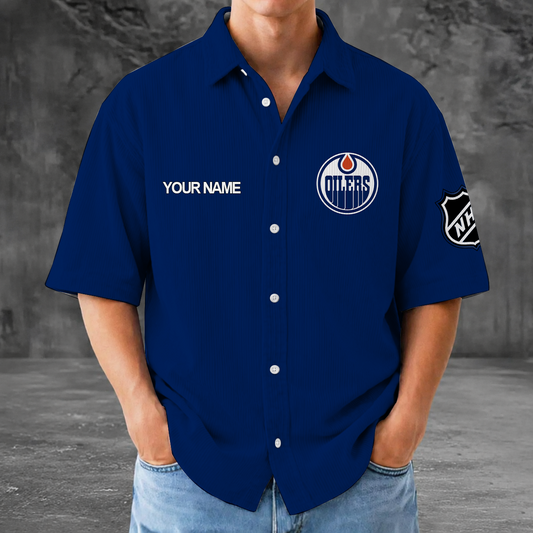 [SUPER SALE] NEW CUSTOMIZED NHL03 EMO EDMONTON OILERS SEERSUCKER BUTTON SHIRT