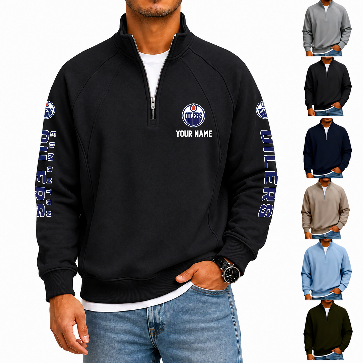[SUPER SALE] NEW CUSTOMIZED NHL03 EMO EDMONTON OILERS MEN'S QUARTER ZIP PULLOVER