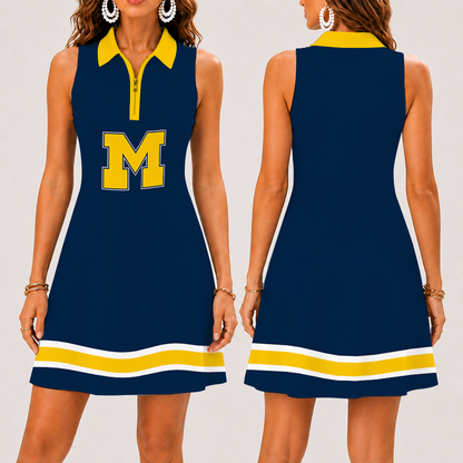 [FAN FAVORITE] NEW CUSTOMIZED NCAA FBS03 MIW MICHIGAN WOLVERINES WOMEN'S ZIP SLEEVELESS POLO DRESS