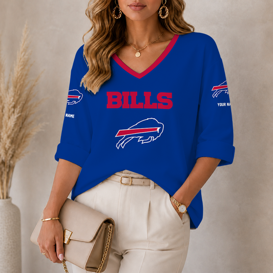 [SPECIAL OFFER] NEW CUSTOMIZED NFL03 BFB BUFFALO BILLS WOMEN'S HEART V-NECK LONG SLEEVE SHIRT