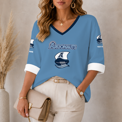 [FAN EXCLUSIVE] NEW CUSTOMIZED CFL03 TOR TORONTO ARGONAUTS STRAPPY WOMEN'S HEART V-NECK LONG SLEEVE SHIRT