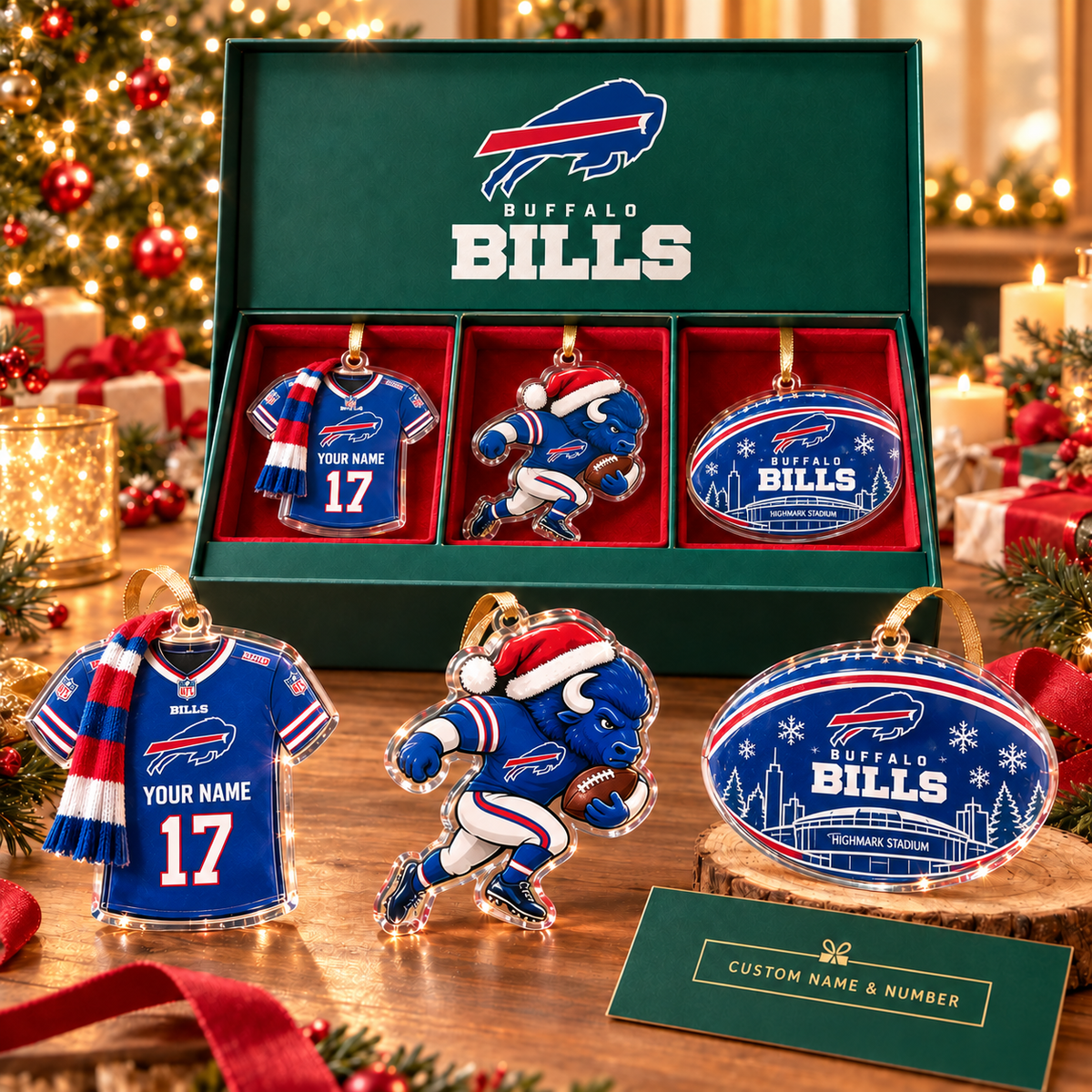 [FULL SET 3 ITEMS - NO BOX] NEW CUSTOMIZED NFL03 BFB BUFFALO BILLS CHRISTMAS ACRYLIC ORNAMENT