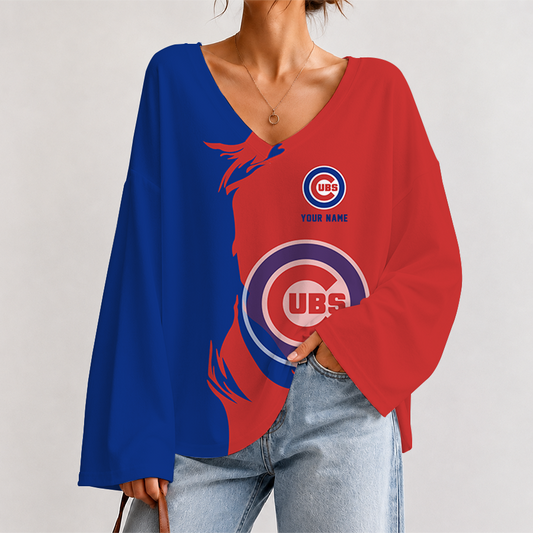 [FLASH SALE] NEW CUSTOMIZED MLB04 CCS CHICAGO CUBS V-NECK LONG SLEEVED CROP TOP
