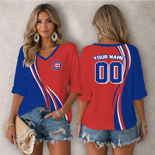 [FLASH SALE] NEW CUSTOMIZED MLB04 CCS CHICAGO CUBS WOMEN'S HEART V-NECK LONG SLEEVE SHIRT