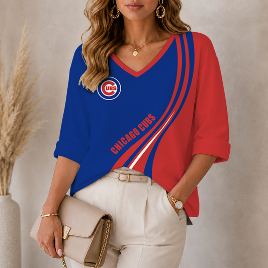 [FLASH SALE] NEW CUSTOMIZED MLB04 CCS CHICAGO CUBS WOMEN'S HEART V-NECK LONG SLEEVE SHIRT