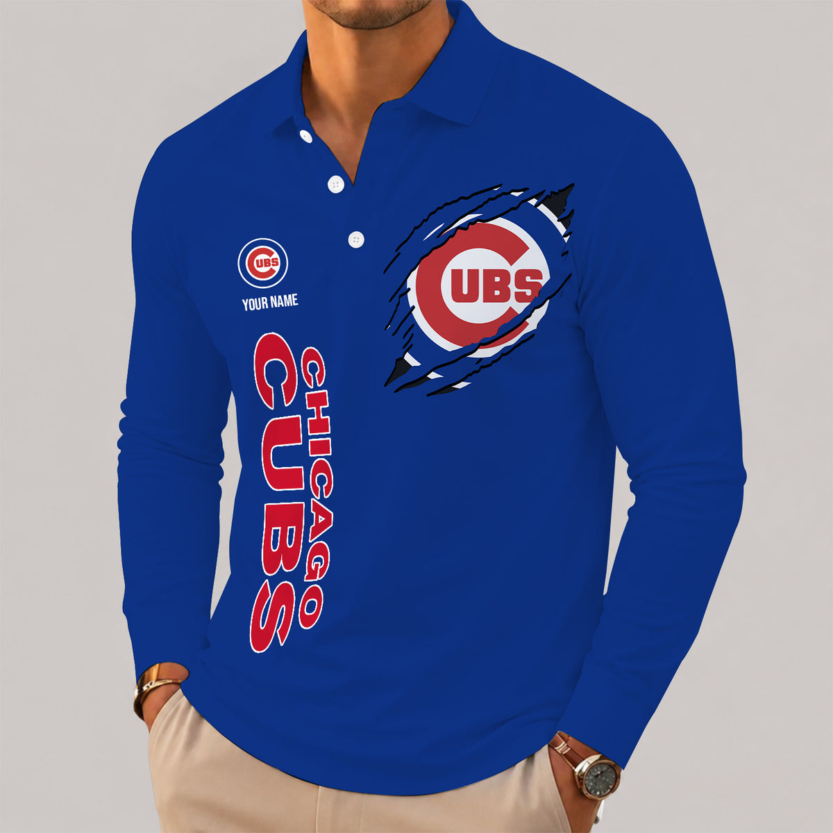 [FLASH SALE] NEW CUSTOMIZED MLB04 CCS CHICAGO CUBS MEN'S LONG SLEEVE POLO
