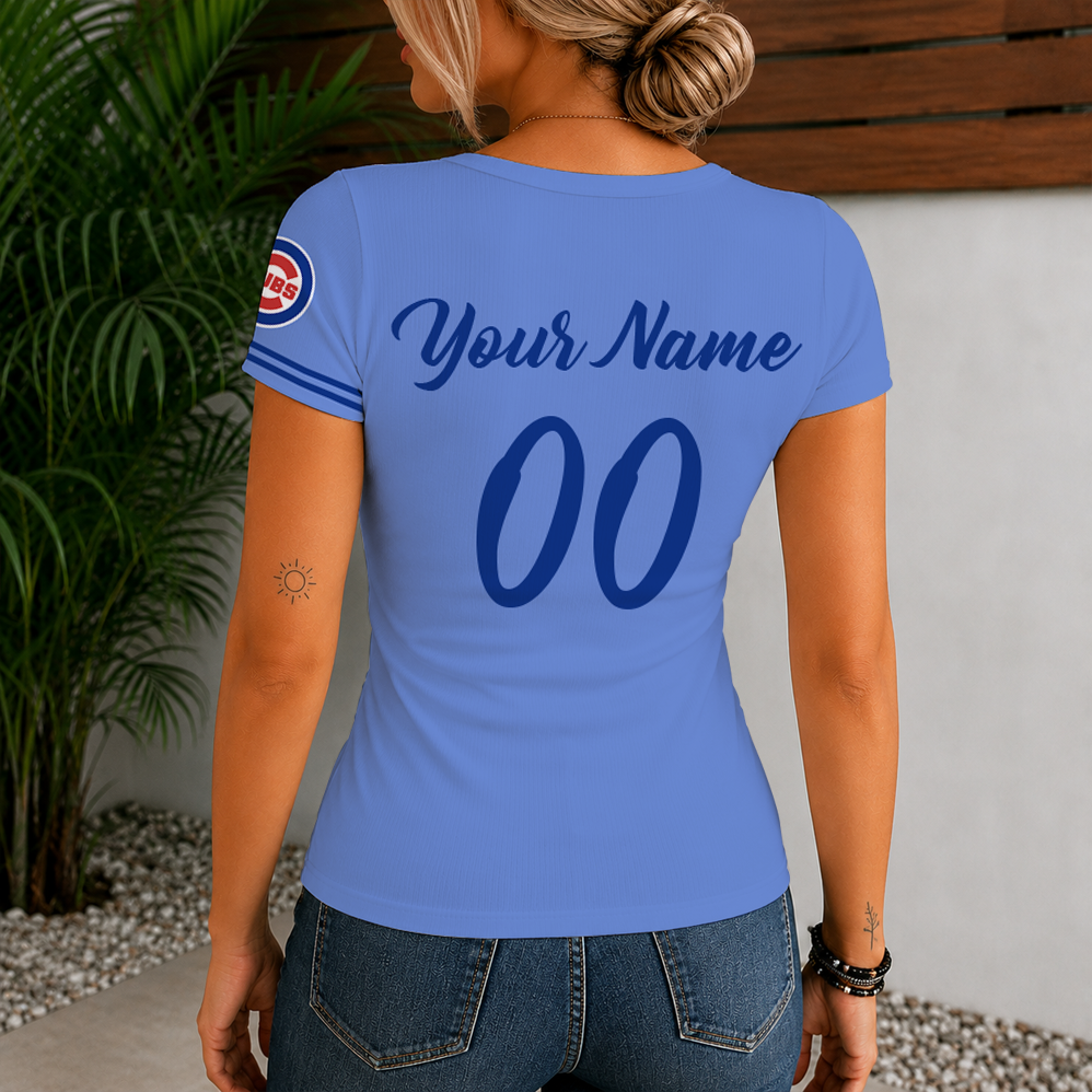 [FLASH SALE] NEW CUSTOMIZED MLB04 CCS CHICAGO CUBS WOMEN'S SHORT SLEEVE HENLEY T-SHIRT
