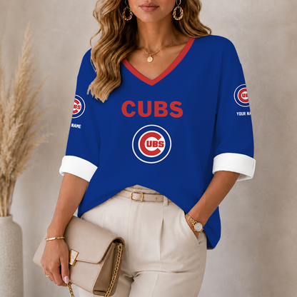 [FLASH SALE] NEW CUSTOMIZED MLB04 CCS CHICAGO CUBS WOMEN'S HEART V-NECK LONG SLEEVE SHIRT
