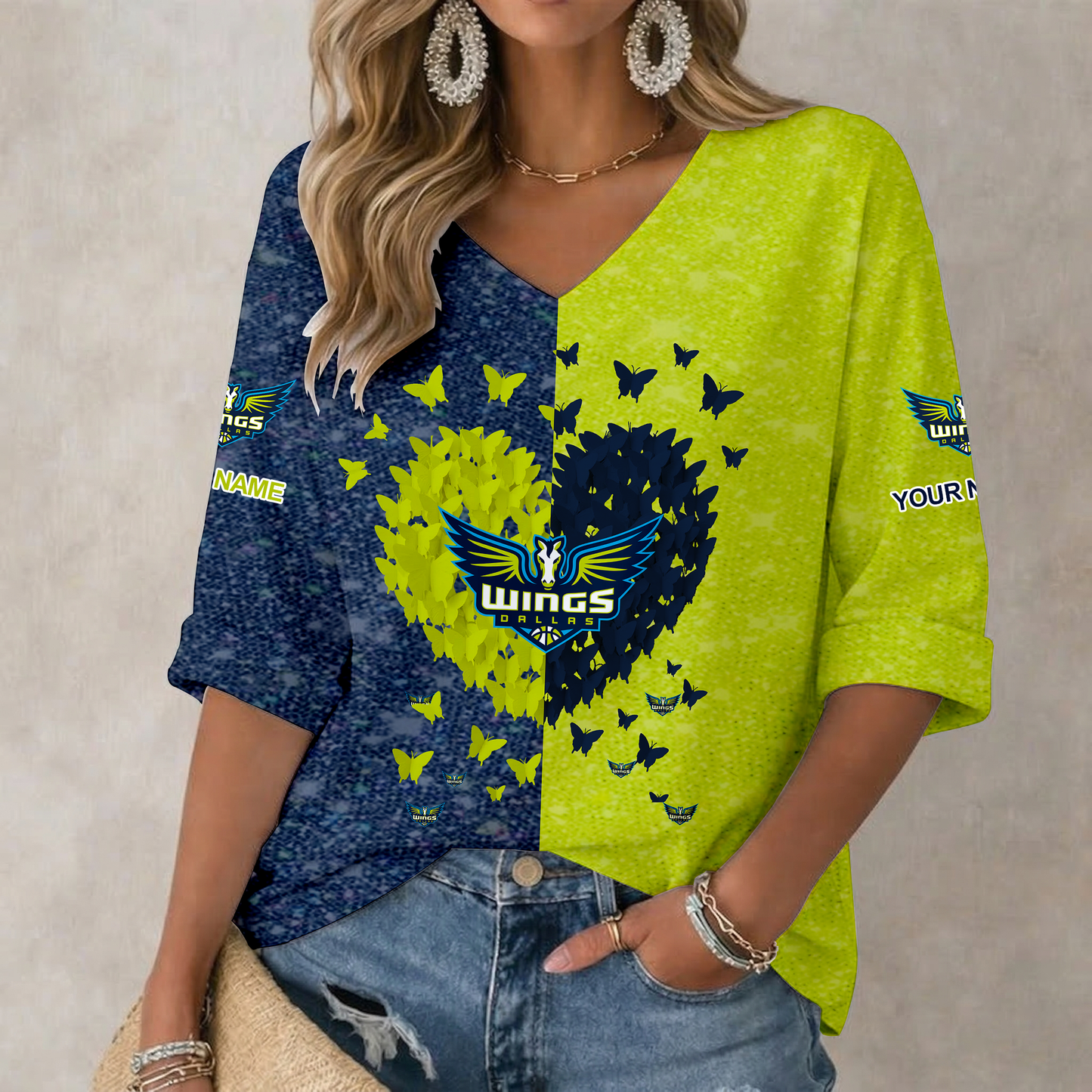 LIMITED EDITION - NEW CUSTOMIZED WNBA04 DLW DA WINGS WOMEN'S HEART V-NECK LONG SLEEVE SHIRT