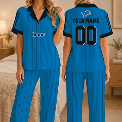 [SPECIAL OFFER] NEW CUSTOMIZED NFL04 DTL DETROIT LIONS SHORT SLEEVE & LONG PANTS PAJAMAS SET