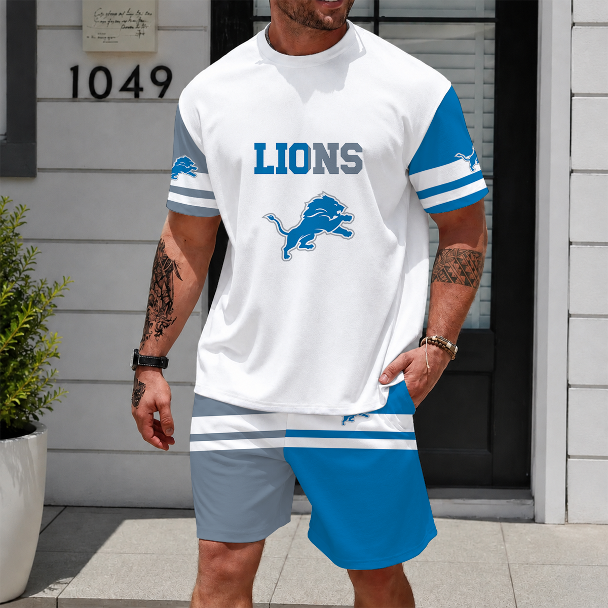 [SPECIAL OFFER] NEWCUSTOMIZED NFL04 DTL DETROIT LIONS UNISEX T-SHIRT & SHORTS SET